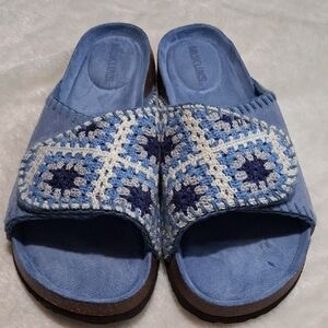 Muk Luks Blue and Cream Crochet Slippers
